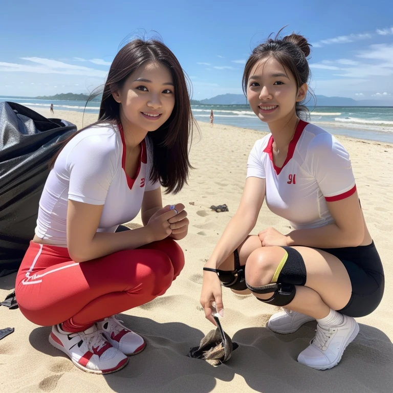 (2 beautiful Asian women volunteers, age 28, (wearing White Tight Lightweight Synthetic Korea Volleyball Jersey, Red Spandex Shorts, Ankle Braces and Knee Pads), (Squatting down, Collecting Ocean Debris Plastic Garbage Dump Pit Garbage), (Beach Clean-up, Ocean Clean-up), Early Dawn On a Windy Beach, Sun-rays, Lens Flare,

Hopeful expressions, kind smile, dimpled chins, cute snaggle-tooth, short hair, bob hair, short ponytail, symmetrical face, detailed facial features, beautiful detailed face, highly detailed face, beautiful detailed eyes, perfect body anatomy, ample round bosoms,

photorealistic, hyper-realism, high contrast, ultra HD, realistic skin textures, top image quality, top-quality, super high resolution, fine details, very meticulously, masterpiece, Award-winning,  head to knees, Full Body Shot, High Angle Shot, bokeh background, SFW, Safe For Work) #WorldOceansDay