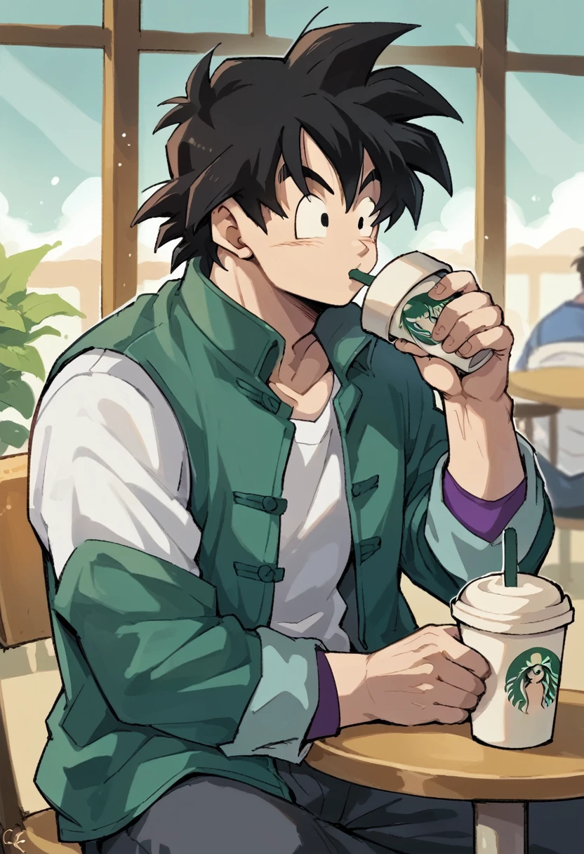 Boy sitting at a table drinking a Starbucks coffee the boy has messy black hair black eyes he is muscular he looks like Goten from Dragon Ball and he is wearing a white t-shirt and a blue casual jacket
