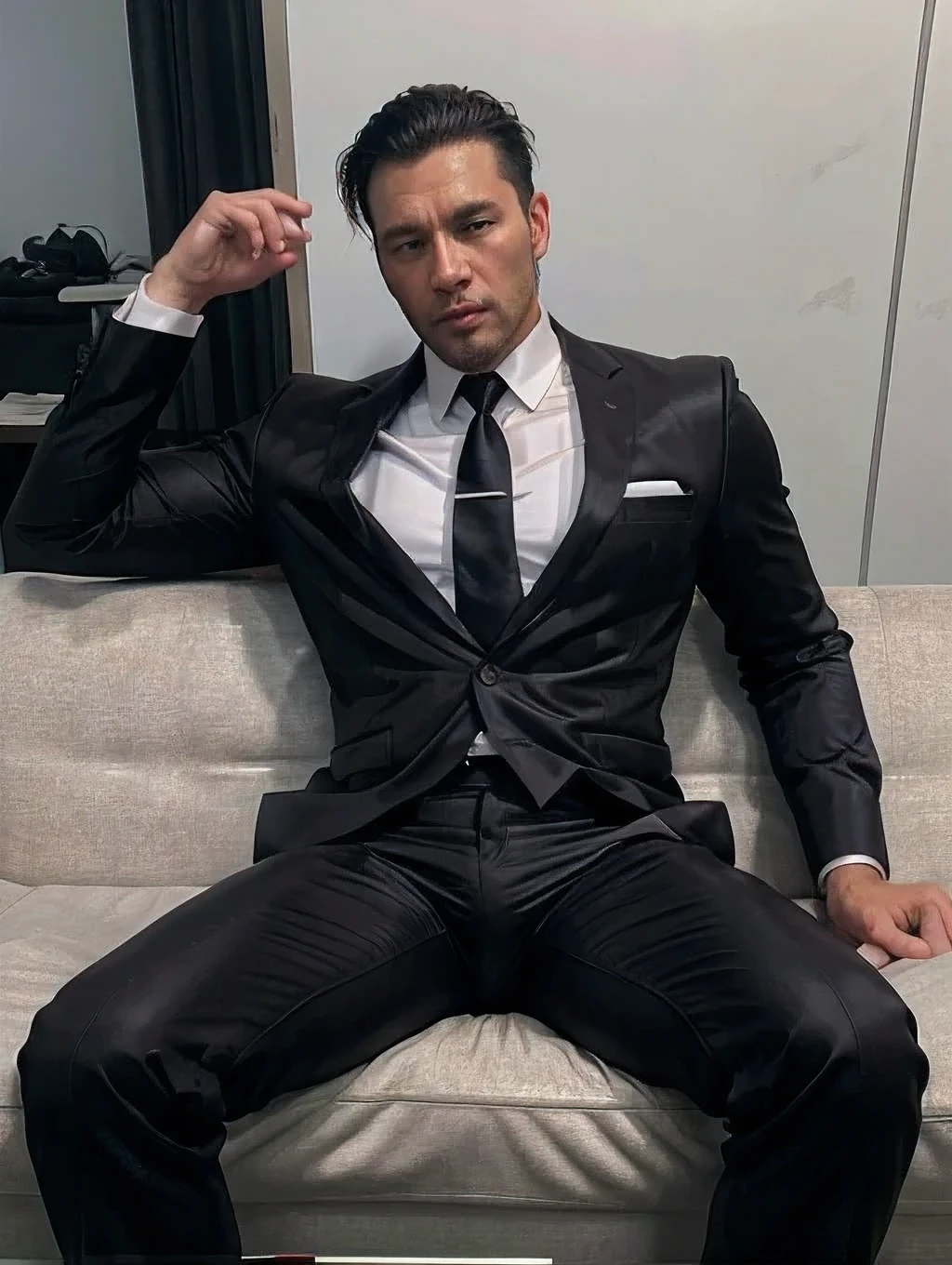 3,daddy,"shiny suit",wear a white long-sleeved shirt and tie.., bodice, very glossy pants, necktie, shiny satin trousers,dark gray satin fabric ,Dad sit down on the sofa,  k hd,in the office,"big muscle" ,black hair,asia face,masculine,strong man,the boss is,handsome,lecherous dad,look straight ahead,dad is handsome,dad is handsome, dad is "horny daddy",asian,sperm,sexy,black pants, masculine hairstyle,masterpiece