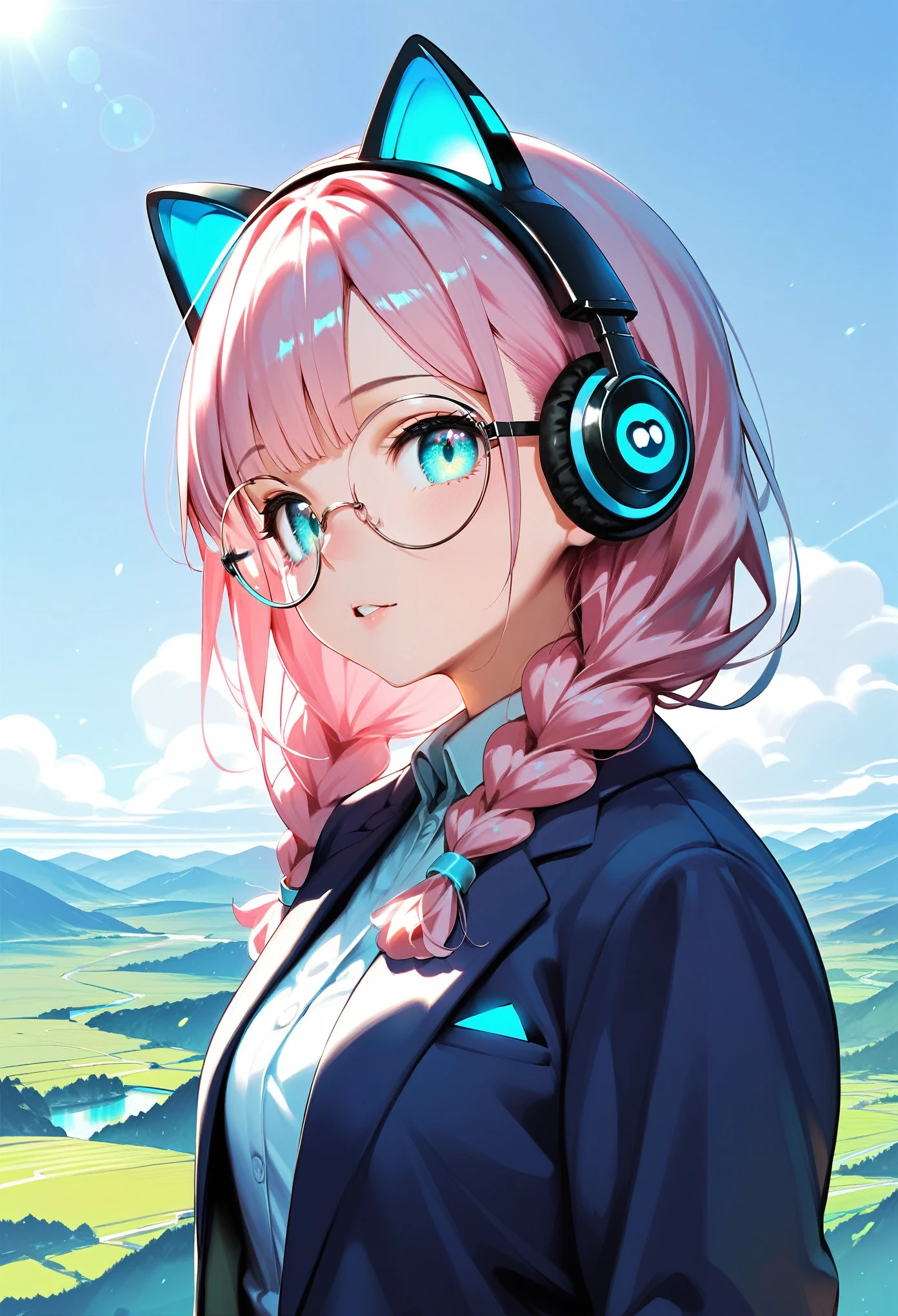  (best quality:1.2), (ultra-detailed:1.2), (2.5D:1.2), (Anime Moe Art Style), 1girl , pink hair,  Cyan eyes, Gradient Eyes, twin braids, blue Glowing cat ear headphones, black round glasses, blazer, Landscape