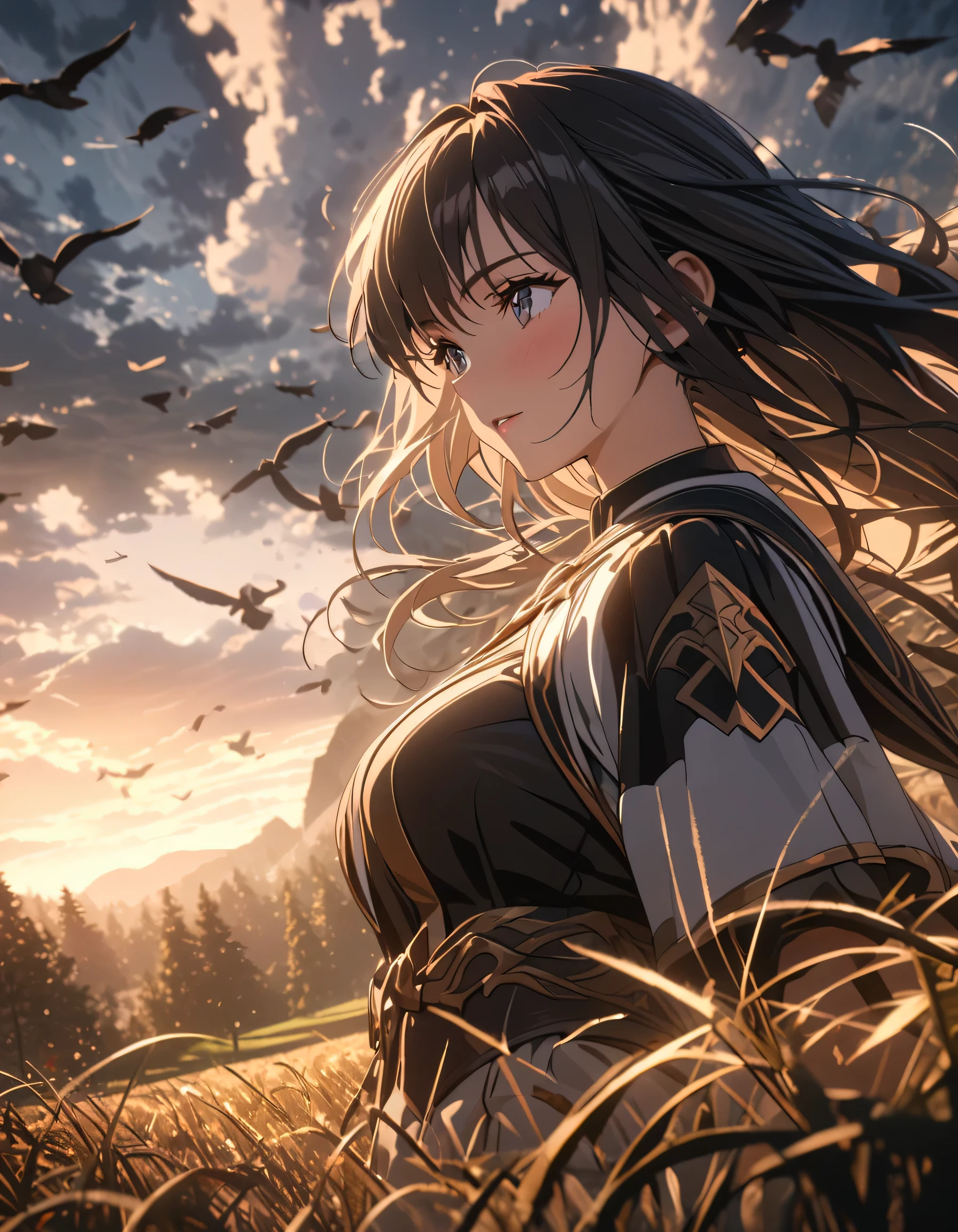 Anime girl in a field with birds flying around her - SeaArt AI