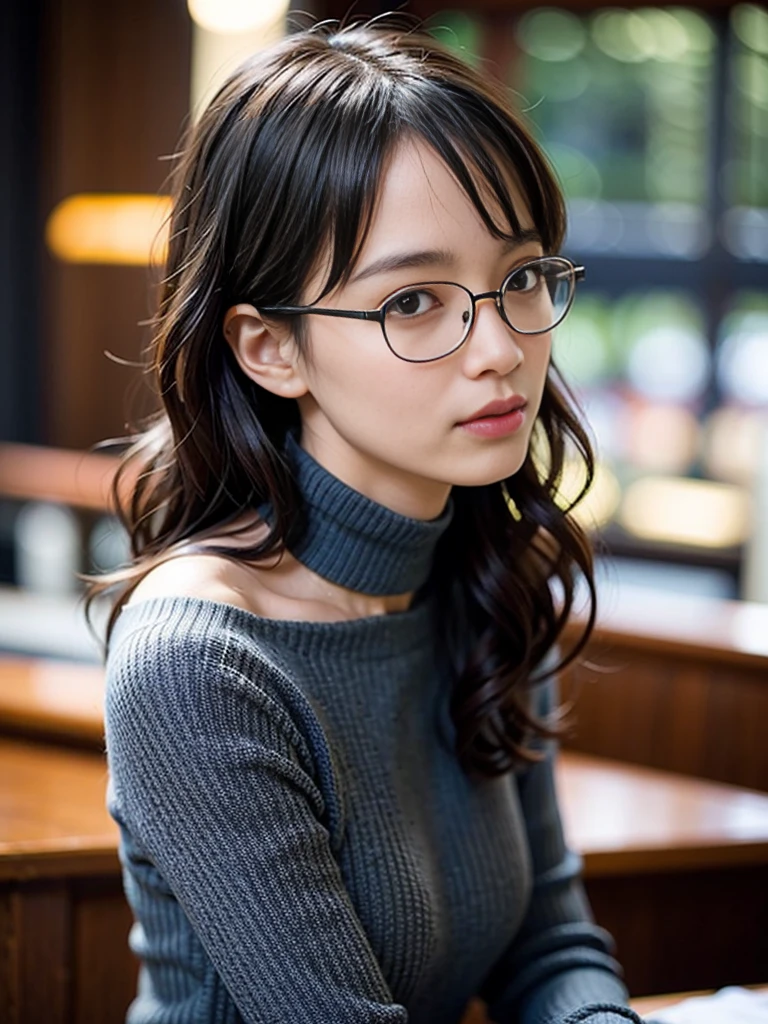 Photorealistic, masutepiece, Best Quality, Raw photo, 1girl in, Solo, Long hair, Brown hair, Detailed face, alluring face, Sweater that kills virgins, medium breasts, Dynamic Pose, Looking at Viewer, From below, Detailed background, fine detailed, intricate detailes,  Ray tracing, depth of fields, lowkey, nffsw,  naked portrait, nude photography, shiny nipple, show armpit 