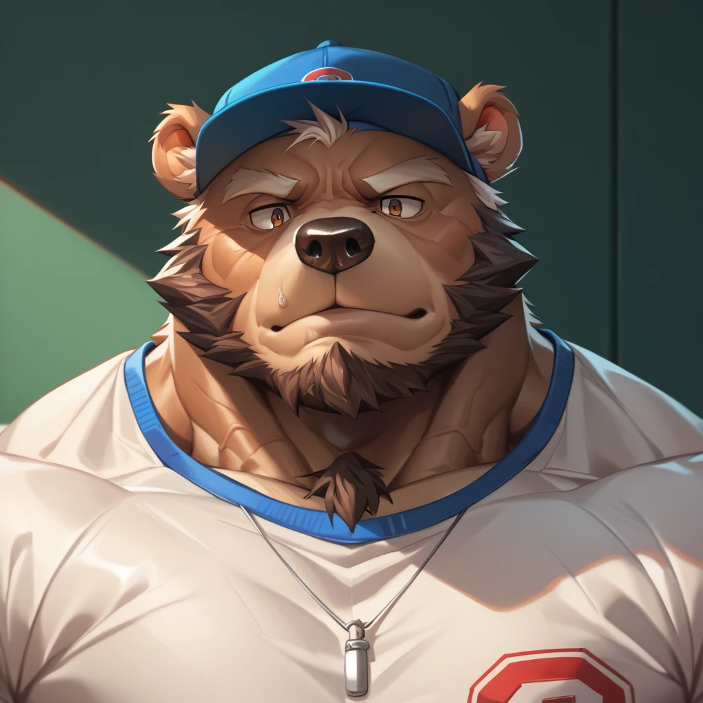 by_lindong, digital art, masterpiece, solo, 1boy, 1man, portrait, face shoot, Huge muscular, furry brown bear, face, baseball cap, shirt, head shot, detailed ,detailed muscle, background, old, old man