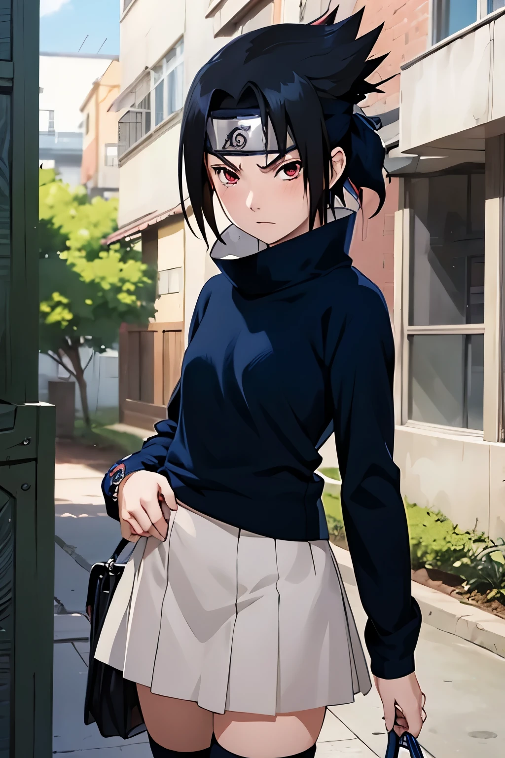 Anime style,  sasuke uchiha girl , black hair frinje , (loli body ),  sharingan red eyes,  angry face,  blush , dark blue shirt , small  breasts , mini-skirt , jutsu 