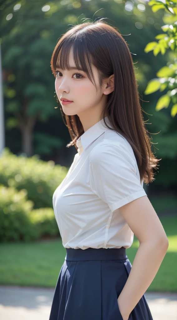 (((masterpiece: 1,5, best quality, High resolution, Super resolution, Super detailed: 1,2, rich background: 1,4))), (close up), at sunset,Spectacular sunset scenery,(1 girl), alone, exquisite eyes,double eyelids, blonde long hair tied with blue ribbon, hair accessories, blunt bangs, Smile, high school girls, Medium chest, ((hands behind back)), japanese clothes, (Blue short student outfit、pleated skirt), High heel, ribbon, Heart, ((outdoor)), Cherry blossoms, (Tori is ready), Cherry blossomss fall, ((sunset light: 1,3)), (Background of Mt. Fuji),Different perspectives