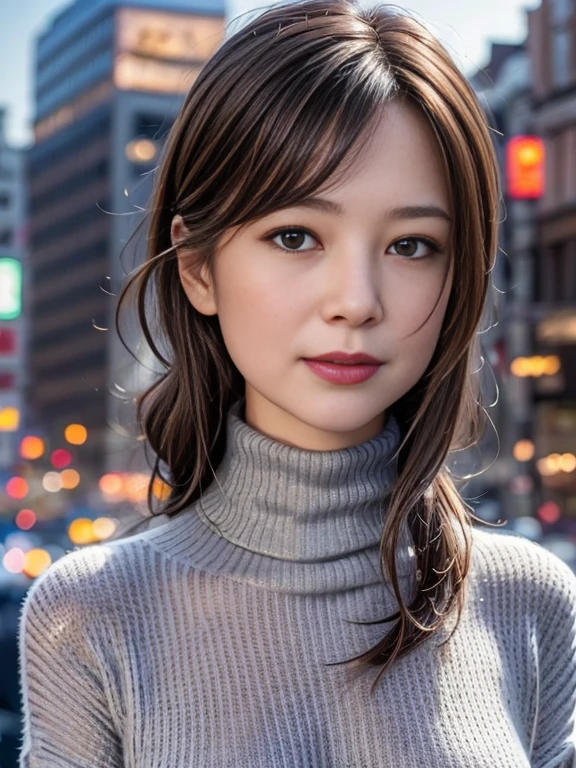 best quality, photorealistic, 8k, high res, 1girl, woman, (skindentation), (portrait:0.6), ((cityscapebackground:1.52)), full color, ((smallsize round breast, highneck sweater:1.5)), straight-looking at viewer:1.8, (1girl eyes looking at viewer:1.45, medium-length hair, blackhair, partedbangs:1.45), (bokeh), <lora:CBAV-yua2:0.69>
