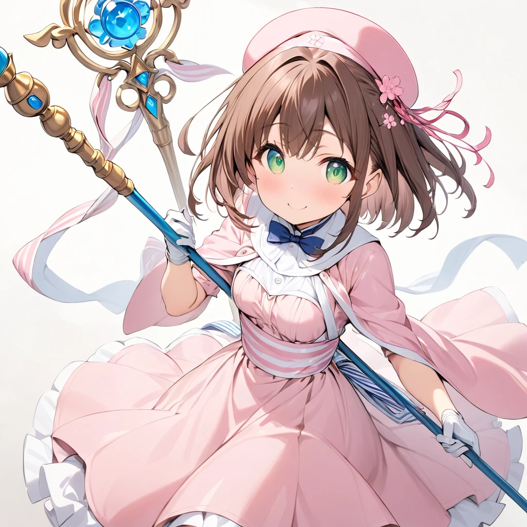 masterpiece, Best Quality, High resolution, Sakura Kinomoto, One girl, Brown Hair, short hair, Antenna Hair, Pink hat, green eyes, Capelet, Pink dress made of shiny enamel-like material, Striped ribbon, Long sleeve, White gloves, Clothes made of shiny material like enamel,Staff with, Annoying, smile,