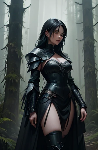 A fierce female warrior with long black wings stands in a misty forest, rain pouring down. She wears dark leather armor with intricate details, exposing parts of her body but reinforced with arm and leg guards. She holds a large, ornate sword, her expression is stern and powerful. The environment is eerie, with fog and tall trees fading into the background, and the rain adds a dramatic touch to the scene. The color palette is mostly dark, with muted greens and greys, creating a mystical and somber atmosphere