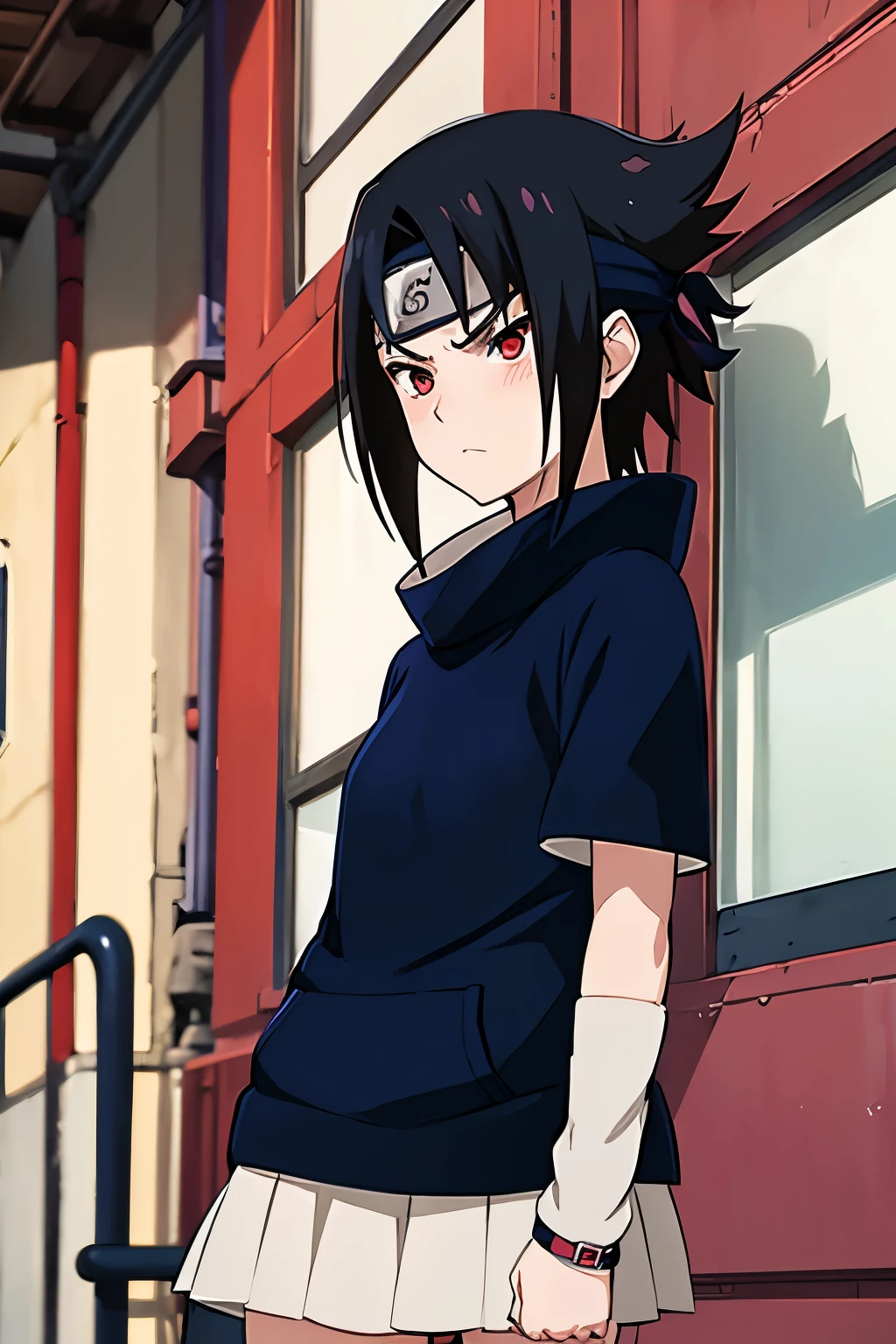 Anime style,  sasuke uchiha girl , long black hair frinje , (**** body ),  sharingan red eyes,  angry face,  blush ,beautiful face , dark blue shirt , small  breasts , mini-skirt , jutsu 