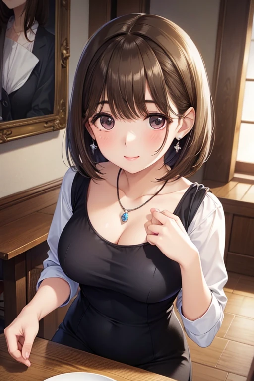 (Highest quality, High resolution,  Masterpiece, 4K), (Soft light、Luster of hair、Beautiful eyes)、young woman、The whole body is visible、Cute smile ((Wavy medium short hair, bangs, Chestnut Hair)), ((Wistful eyes、Gray Eyes, Perfect Eyes)), ((Detailed face, blush:1.1)), ((Smooth texture:0.75, Realistic texture:0.65, Realistic:1.1, Anime CG Style)),Medium chest、A body with just the right amount of flesh、(Sexy thighs、I see beautiful legs)、Large chest tops、Purple tight skirt with slits、Cute Necklace、Earrings、Angle from the front、Peeking into this、Leaning forward、Sit at your desk、Pants in skirt visible