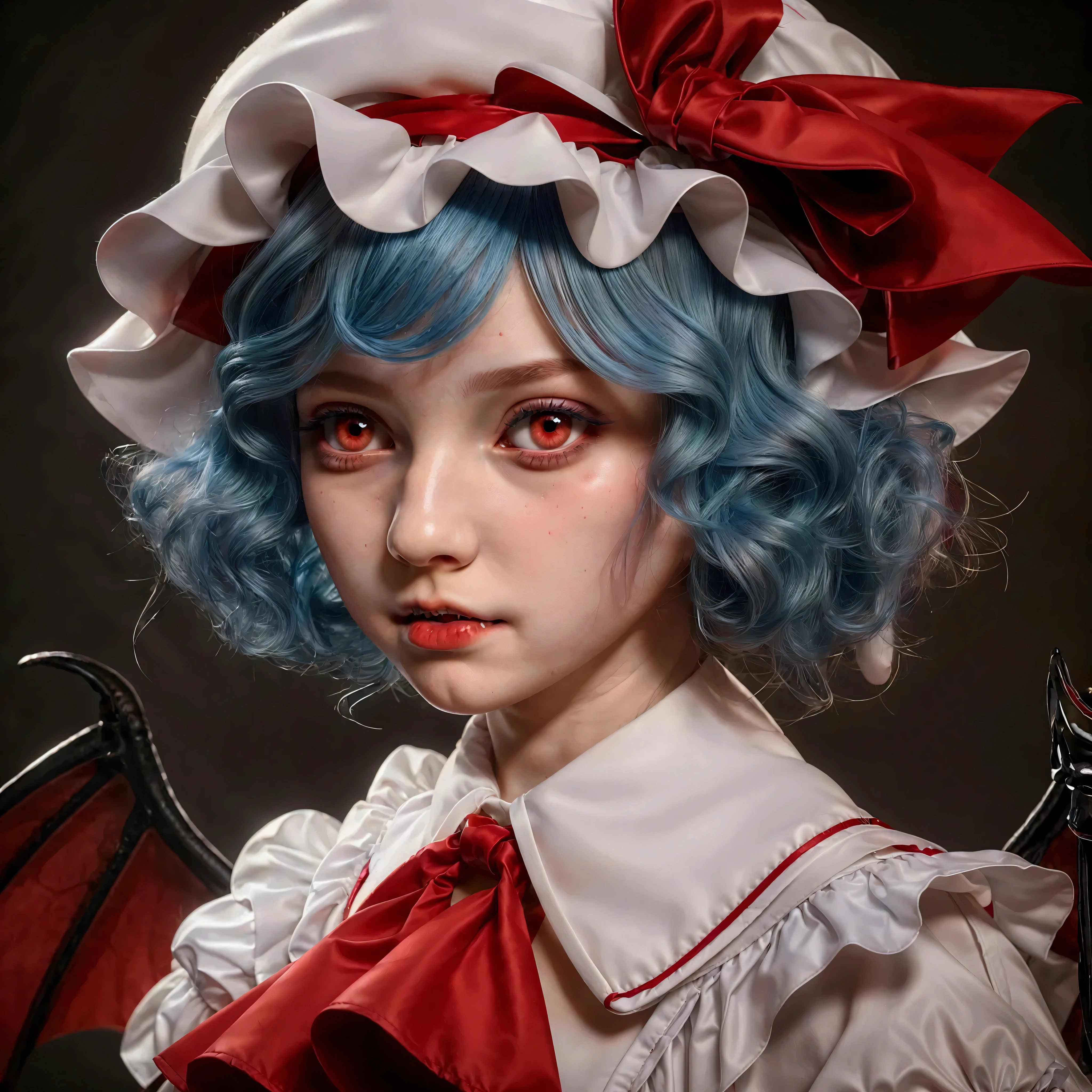 there is a young vampire child with a white frilly dress with red lining, red ascot, hyper realistic, stunning face portrait, realistic portrait, beautiful character , 8k portrait render, vary young girl, European, prepubescent, short Light blue hair, white mob cap with red bow, white dress with red lining, Red ascot, pale white skin, vibrant scarlet eyes, bat wings on back, two vampire fangs protruding from top lip,  young face, cute face,  4k, photorealistic, masterpiece, 1 girl, remilia scarlet