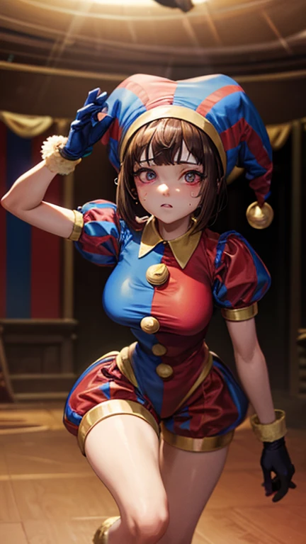 High quality masterpiece, (Unreal Engine), reality:1.8, Ultra-high resolution, Rich contrast, super high quality, 8k, High definition texture, Incredible absolute resolution, Advanced Settings, colorful, Clear images, Sharp focus, Digital Blending, (Hasselblad Photos, Dynamic Angle),

1 girl, pomni, The Amazing Digital Circus, Big Breasts, Jester Cap, gloves, Puff short sleeves, Red eyes and blue eyes, Striped, My clothes are sticky with sweat, Dynamic pose, 

indoor, in The Amazing Digital Circus, 