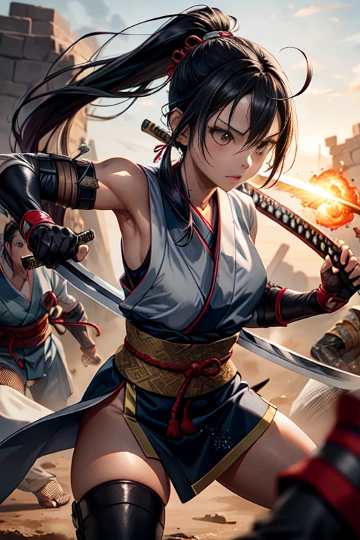 One Girl, warrior,Japanese sword,anime,Anatomically correct, A series of character actions, Ninja,ponytail, masterpiece, Textured Skin, Action Painting, Surrounded by enemies,battle