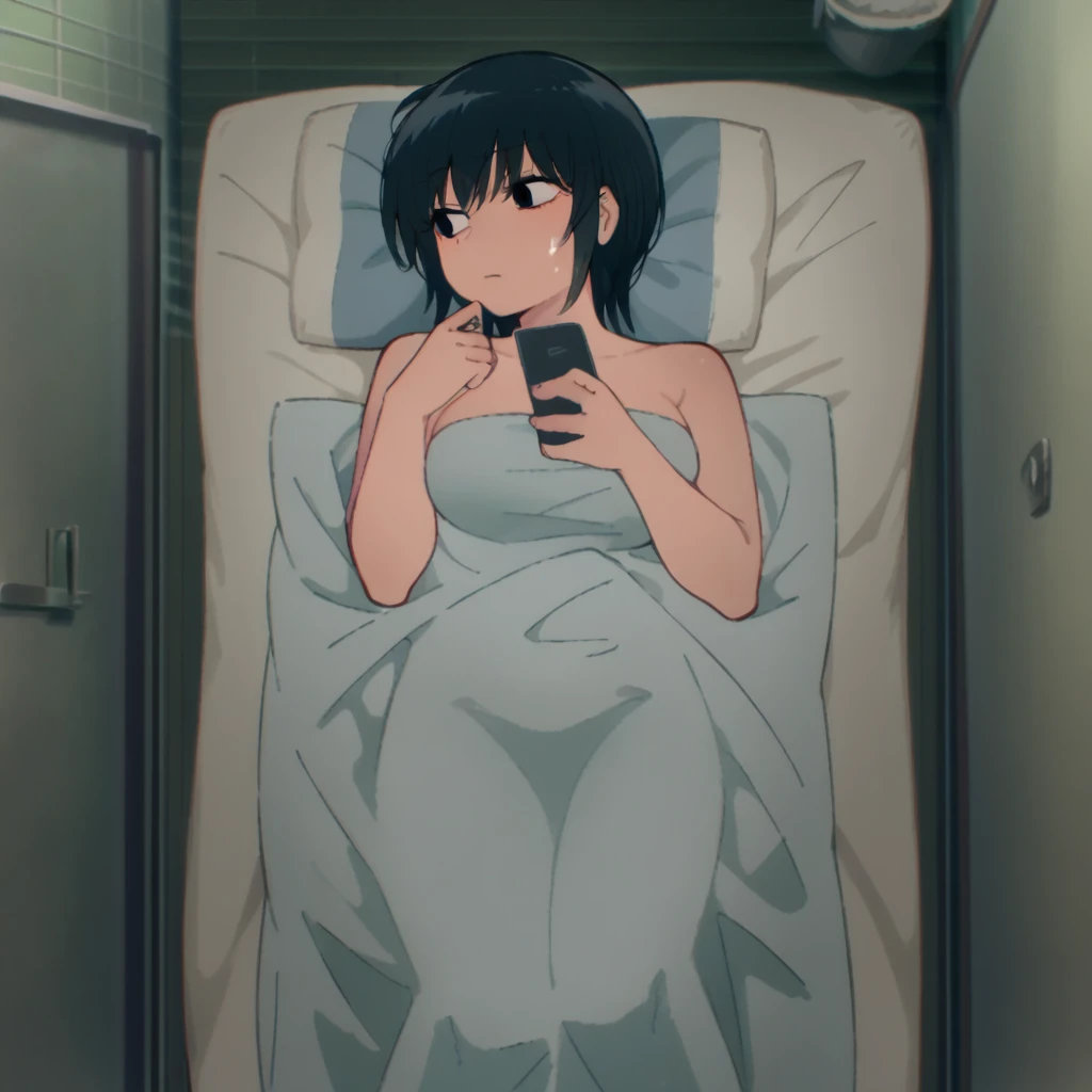 score_9, score_8_above, 1 , wrapped in a towel, medium breasts, holding phone