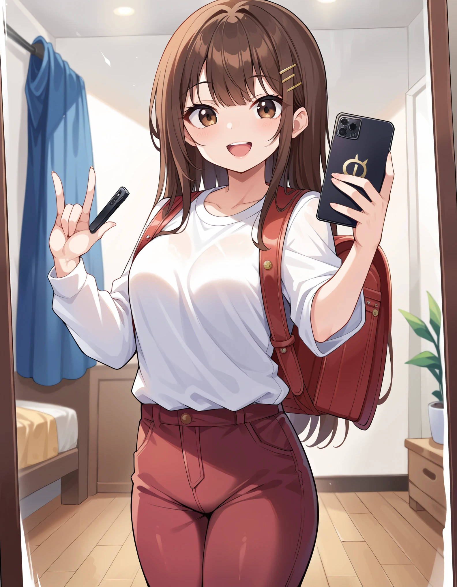 Masterpiece, hd, best quality, 1girl, brown hair, brown eyes, smile, opened mouth, long hair, hair clip, wearing white shirt, brown sweater, dark red trousers, casual outfit, ootd, holding phones, iPhone, selfie, mirror selfie, indoor, mirror, standing, wearing red backpack, wearing randoseru backpack