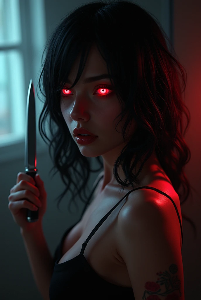 best quality,1 girl，(20 years old,black hair,Darkness,),sparkling eyes,(Carrying a bloody knife),(evil smile:1.3),whole body, sexy body,White skin,pale skin, big bust,(whole body:1.3),(crazy:1.3), (Destroyed hospital,Electric spark,(very dark:1.5),dirty, Be a mess,(In the operating room:1.3),night),(dynamic angle:1.8),dynamic pose,long shot,sight,[fear:2.0],dynamic angle, NUDE