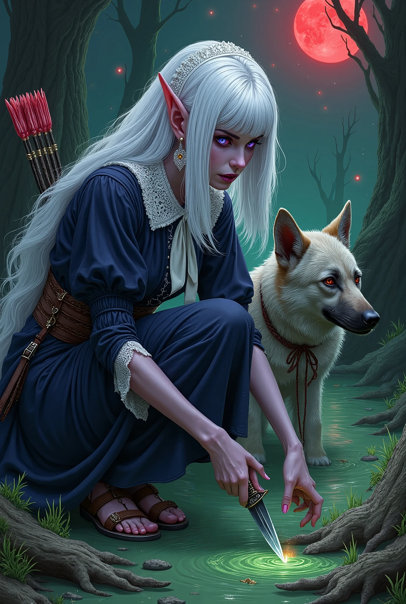 (Ultra-detailed face, Looking away, Fantasy Illustration with Gothic, Dark tone colors, Perspective looking down from above), BREAK 
(The dark elf woman, in a bold pose, crouches down in the swamp, poking at the ground with the tip of the dagger in her hand, looking at the large footprints with the monster's watermarks on the ground, examining them with her wolfdog partner. The wolfdog sniffs the footprints.), BREAK 
(A young-aged dark elf woman with pure white hair and eyebrows, blunt bangs, bob disheveled hair, small pink lips, dark-purple color skin, lavender pupils, thick dark eyeliner around her eyes.), BREAK 
(A dark elf woman wears a veil of translucent lace and a thin white ribbon tie. She wears a lace-up dress of deep navy blue embroidered with runes and draped linen with multiple layers of sheer organdie. She wears lace-up sandals of dark brown woven thin fabric. On her back she carries a small bow and a quiver of arrows. A knife is attached to her waist belt.), BREAK 
(A small red moon and twinkling stars illuminate the area. This is an eerie swampy place, overcast with green gas rising from the swamp. Ghostly trees stand in places, and in some parts of the swamp you can see insectivorous flowers with mouths with glowing red fangs blooming.)