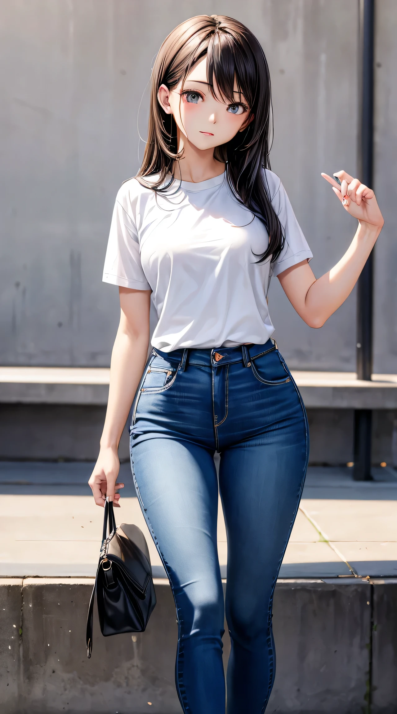a girl big boobs wearing tight white shirt, blue jeans and glossy black belt. (full body)