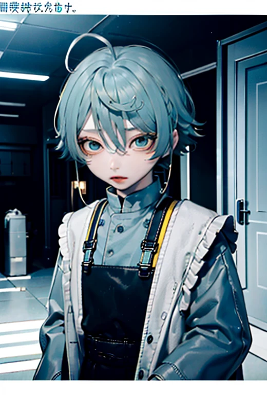 Best Quality、masutepiece、Ultra-detailed、face perfect、Extremely detailed、Extremely delicate、1 boy, (cute little), Angel, lightblue hair、half up、place々Blue Mesh、blue and yellow gradient eyes、Noble attire、Black coat、gray collared shirt、Black pants、snow mountains、snow blowing