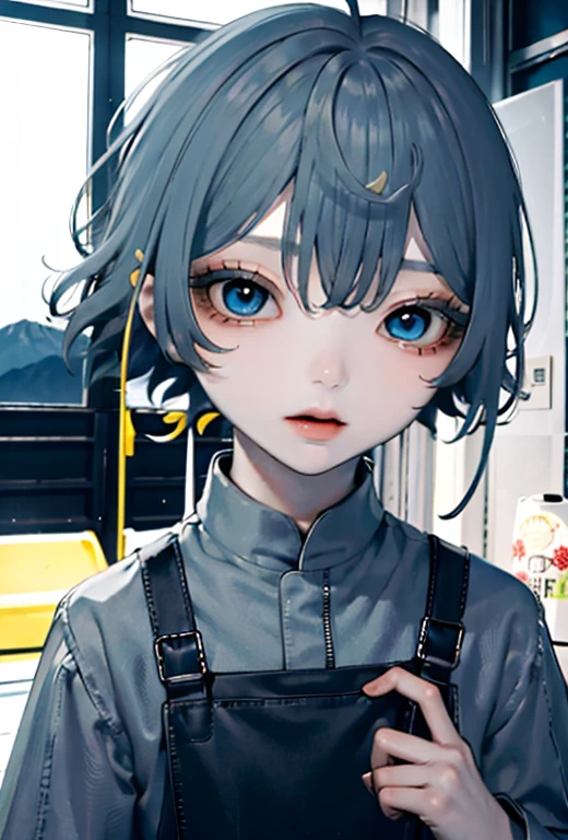 Best Quality、masutepiece、Ultra-detailed、face perfect、Extremely detailed、Extremely delicate、1 boy, (cute little), Angel, lightblue hair、half up、place々Blue Mesh、blue and yellow gradient eyes、Noble attire、Black coat、gray collared shirt、Black pants、snow mountains、snow blowing