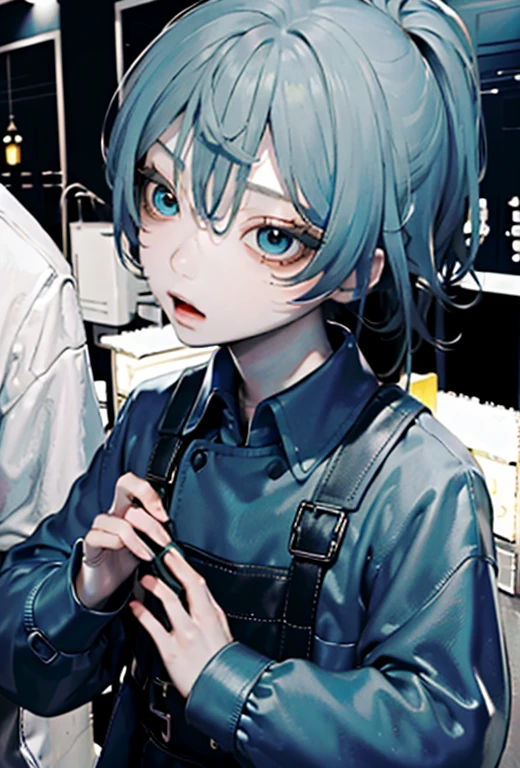 Best Quality、masutepiece、Ultra-detailed、face perfect、Extremely detailed、Extremely delicate、1 boy, (cute little), Angel, lightblue hair、half up、place々Blue Mesh、blue and yellow gradient eyes、Noble attire、Black coat、gray collared shirt、Black pants、snow mountains、snow blowing