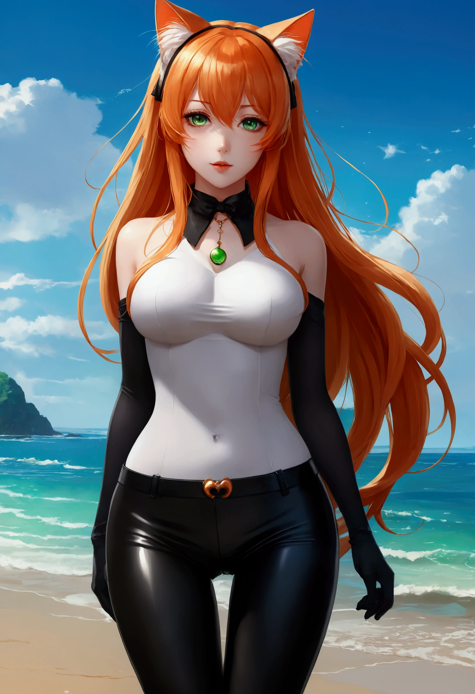 anime girl with long orange hair standing on beach near ocean, green eyes detailed digital anime art, cat ears, , anime girl with long hair, smooth anime cg art, anime girl with long hair, average breast size, digital anime art, artwork in the style of guweiz, beautiful anime portrait, photorealistic anime girl render, Shiny rubber pants, beautiful anime girl, advanced digital anime art, pantyhose, guweiz on artstation pixiv upscale HD UHD HQ