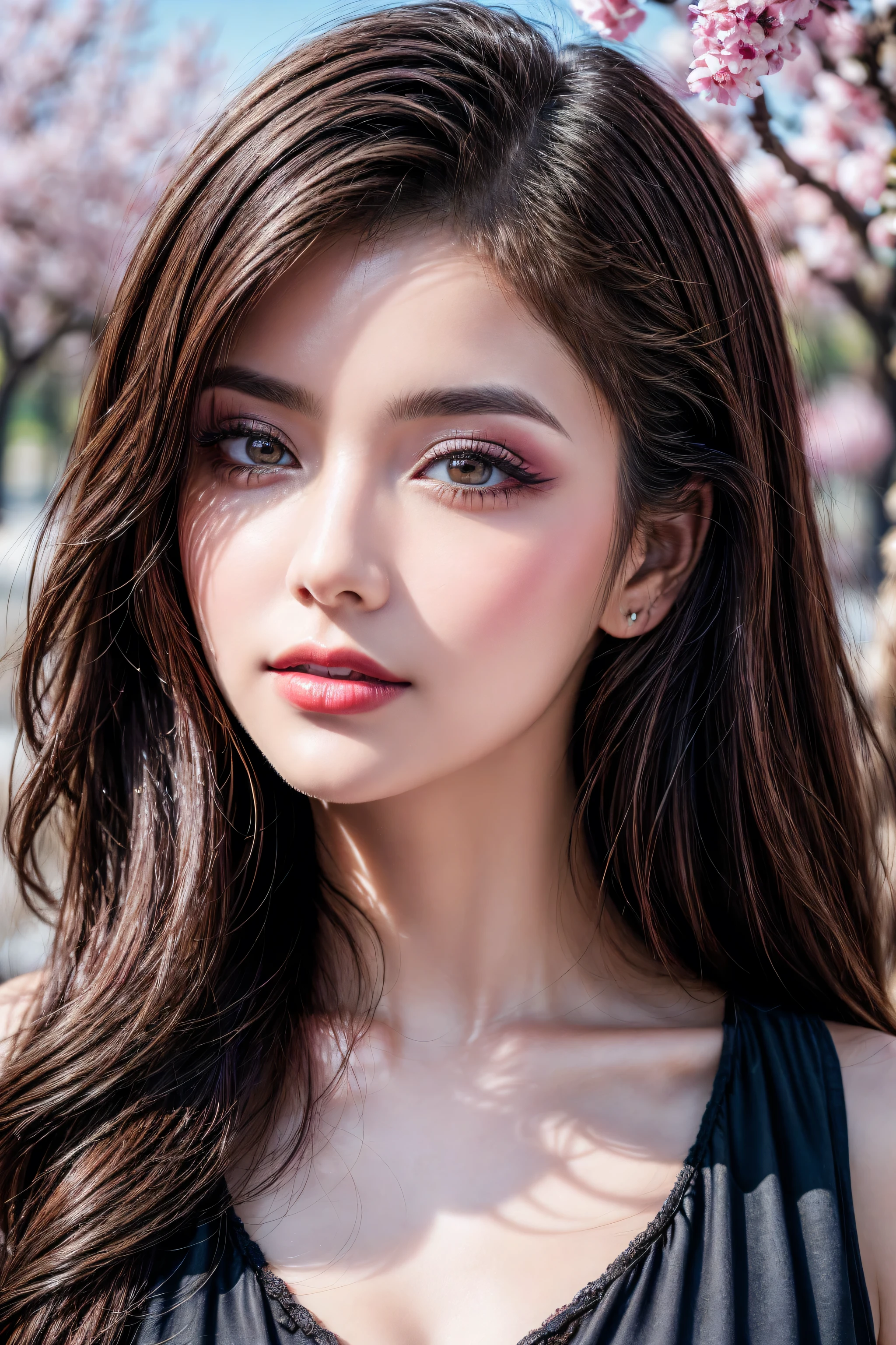 Quality\Realistic,(photorealistic Realism),(high resolution),((intricately detailed digital art)),ultra real texture skin,ultra real texture hair,ultra realisitic,ultra quality,professional photography.ray trace,golden ratio\), BRAKE , Famale\solo,1woman,20yo,(glamour shot of girl:1.2),(Super beautiful),(vivid and colorful), The attention to detail, focus of girl, dynamic pose, sexy and seductive,flirty smile,dslr,high quality split lighting,sharp focus captured by Fujifilm XT3,f 5.6, in a dramatic lighting,(perfect composition\),Skin\(white,pale,smooth,silky,shiny\),Eyes\((sharp focus,not blurry,Ultra resolution, absurd quality,Realistic brown_eyes:1.32)),((extremely fine details eyes)),(close up of a woman's eyes),(perfect round eyes:1.2),finely detailed pupils(extremely fine details of pupils:1.3),(extremely fine details of iris:1.3),((Vibrant eye digital art:delicately painted in mesmerizing array of colors:1.3)\),wear makeup\(professional makeup:1.3),(Thin eyebrows),Carefully draw Long eyelashes(blue_lashes:1.25),((perfect dark_eyeshadows:1.35)),detailed lips:1.3,(apply glossy red_lipstick:1.25),(pink_makeup:1.3\),Costume\((random u%u top:1.35)\),(beautiful little nose),perfect proportions, anatomically correct,perfect female body,(firm and full breasts:1.2), BREAK ,Background\(perfect composition),(outside,an orchard of blooming cherry trees),look at the viewer,