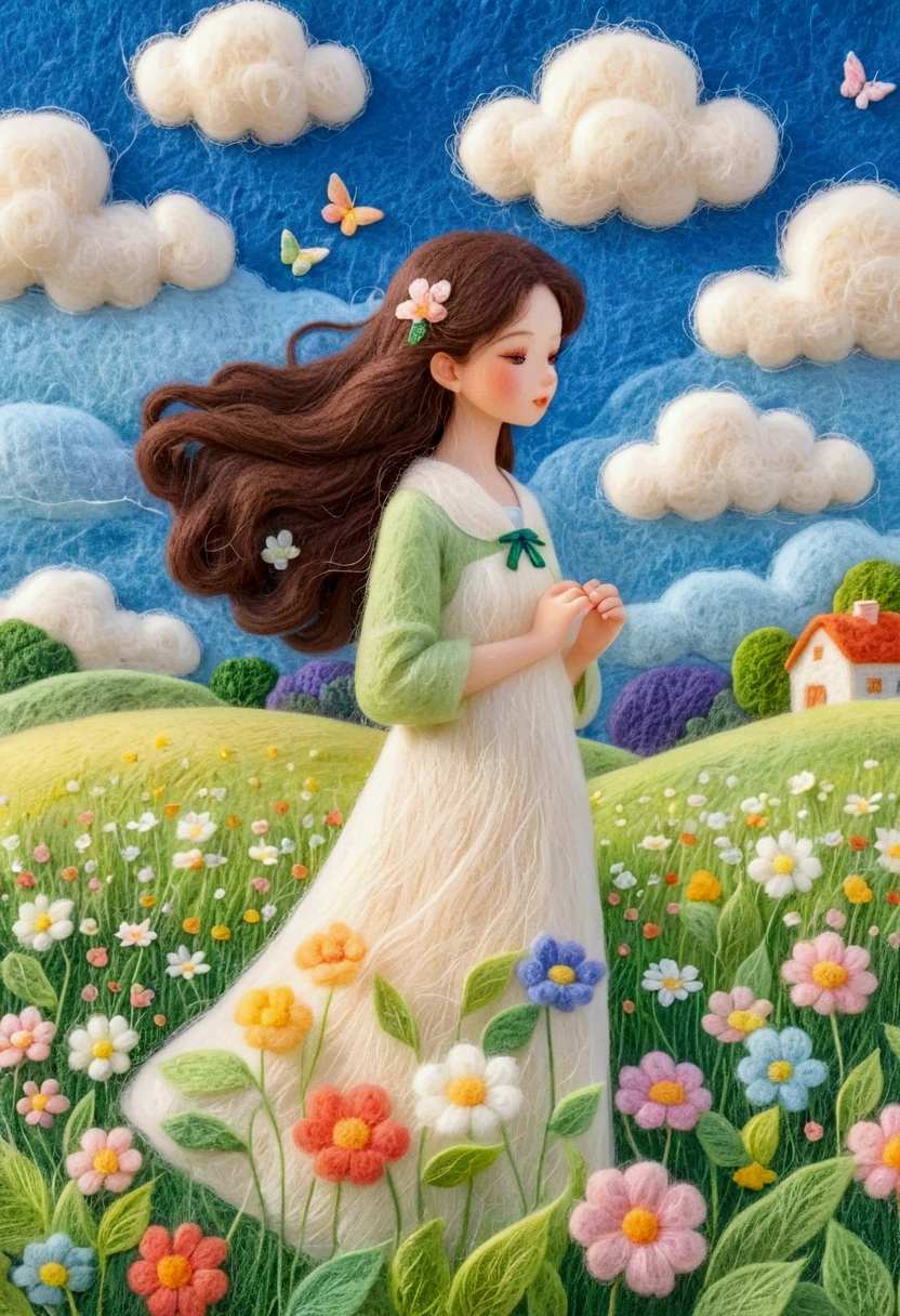 A delicate felt painting：Beautiful girl standing in the grass。Fluffy and soft long hair。bust。Dreamy and beautiful。