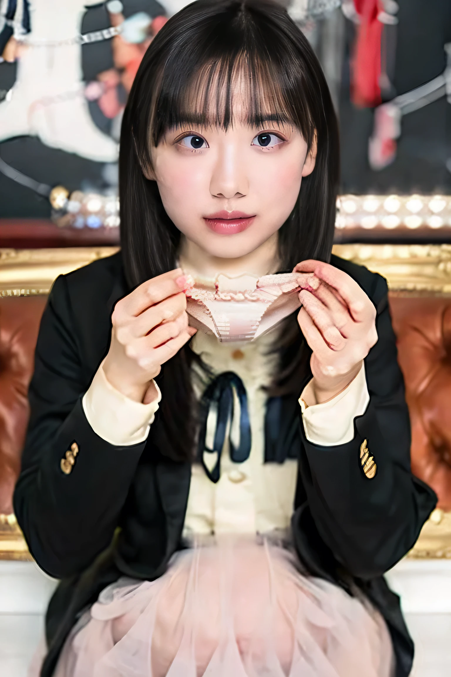 A highly detailed, 8K resolution RAW color photograph of a Japanese schoolgirl with a short bob haircut, black hair color, and a very large, round, and beautiful bust. She has exquisite, detailed facial features including beautiful eyes, nose, and lips, with perfect anatomical accuracy. The girl is wearing a very short checkered school uniform skirt and blazer, with a glittery makeup look and big, natural-colored lips. She is kneeling or squatting slightly, revealing a glimpse of her white cotton panties. The scene takes place in a classroom setting, and the photograph is a masterpiece, ultra-detailed, photorealistic, and of the highest quality(holding panties, presenting panties) Simple without decoration pastel pink pantie