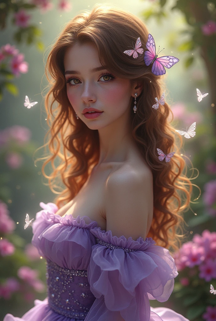 an 1 woman, tender, extremely beautiful with brown hair and honey-colored eyes, full lips, with freckles, small nose, phosphorescent light address, in a purple crystal corset princess dress, with sparkling crystal butterflies , in a magical flower garden