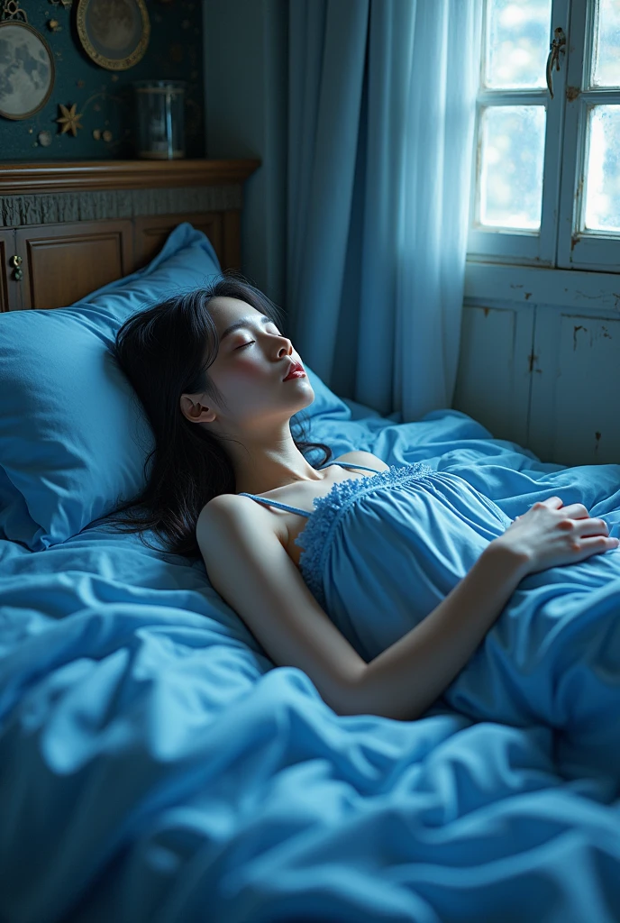 person lying down sleeping in a hotel room at night, there is little light in the room, in the hotel room there is a window and through that window there is someone watching