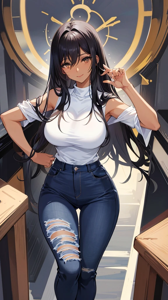 Beautiful young Margaret Qualley, glasses, bare breasts, denim leggings, hyperrealistic, , model body, small breasts, beautiful breasts, long hair, ponytail, blonde hair, long legs, 8k, futuristic city, cherry blossom, sunrise, led lighting, blood on the wall, pool of blood, full of human remains, detailed reflection, anime style, sad