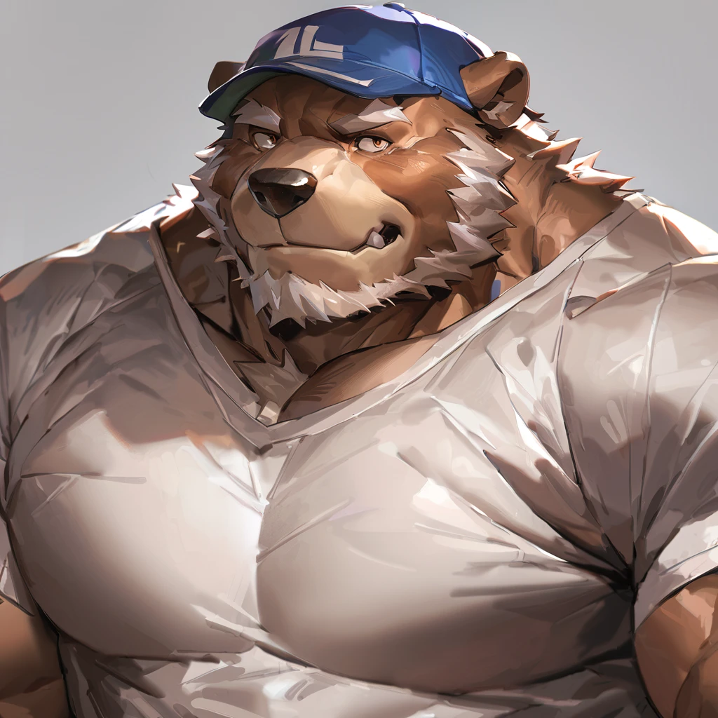 by_lindong, digital art, masterpiece, solo, 1boy, 1man, portrait, face shoot, Huge muscular, furry brown bear, face, baseball cap, shirt, head shot, detailed ,detailed muscle, background, old, old man