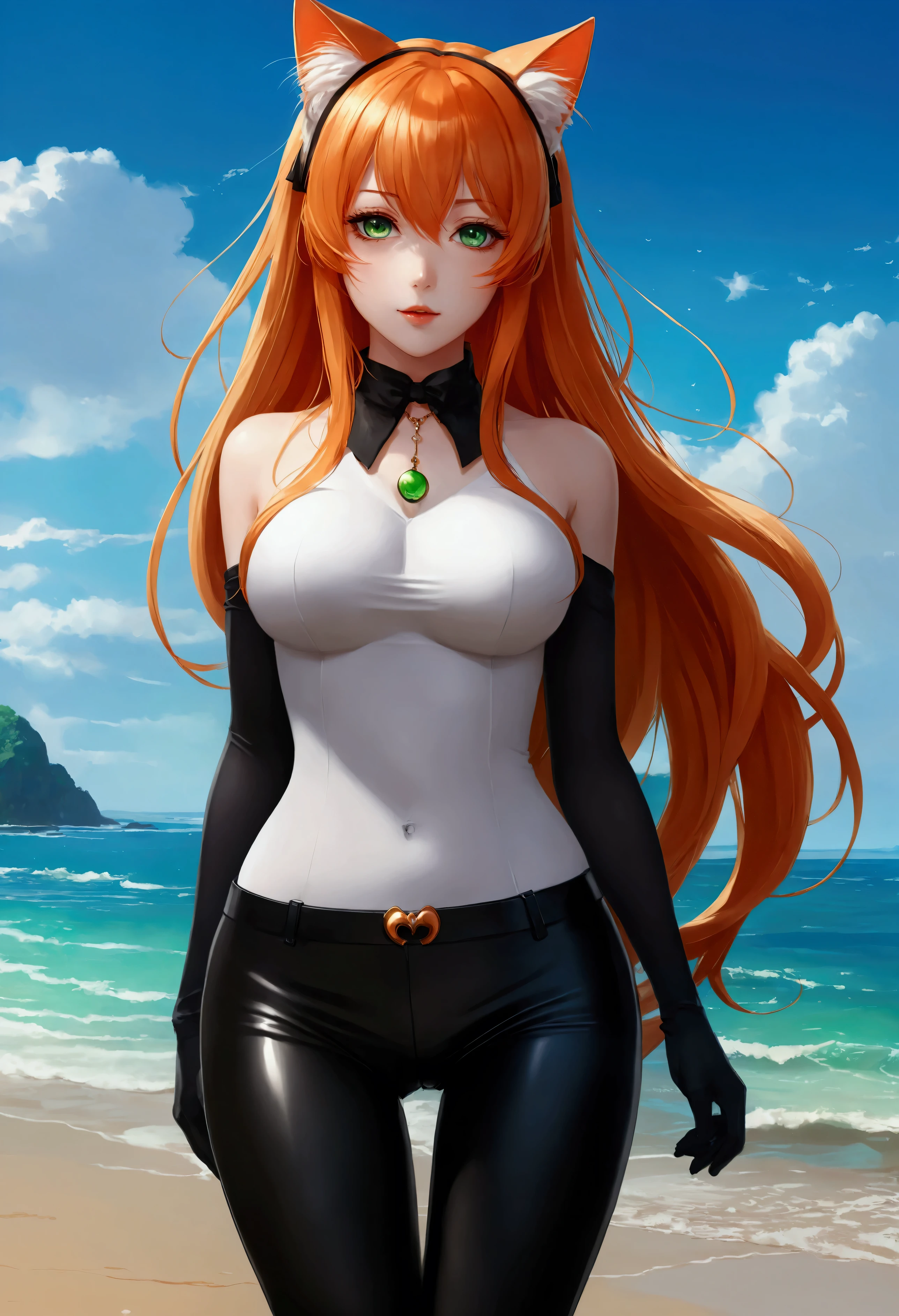 anime girl with long orange hair standing on beach near ocean, green eyes detailed digital anime art, cat ears, , anime girl with long hair, smooth anime cg art, anime girl with long hair, average breast size, digital anime art, artwork in the style of guweiz, beautiful anime portrait, photorealistic anime girl render, Shiny rubber pants, beautiful anime girl, advanced digital anime art, pantyhose, guweiz on artstation pixiv upscale HD UHD HQ