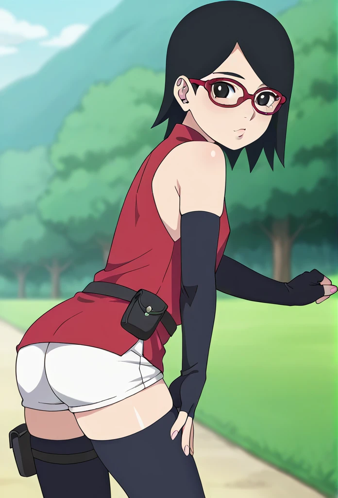 score_9_up, score_8_up, score_7_up, score_6_up, score_5_up, score_4_up, ,zPDXL2, solo, rating_safe, perfect face, perfect eyes, BBC_Chan Style, Sarada Uchiha, solo, 1girl, black hair, short hair, red-framed eyewear, glasses, black eyes,red dress, sleeveless, elbow gloves, black gloves, fingerless gloves, white shorts, black thighhighs, thigh holster, side view, large round butt, bubble butt ,konohagakure village pathway, flat chest,full lips