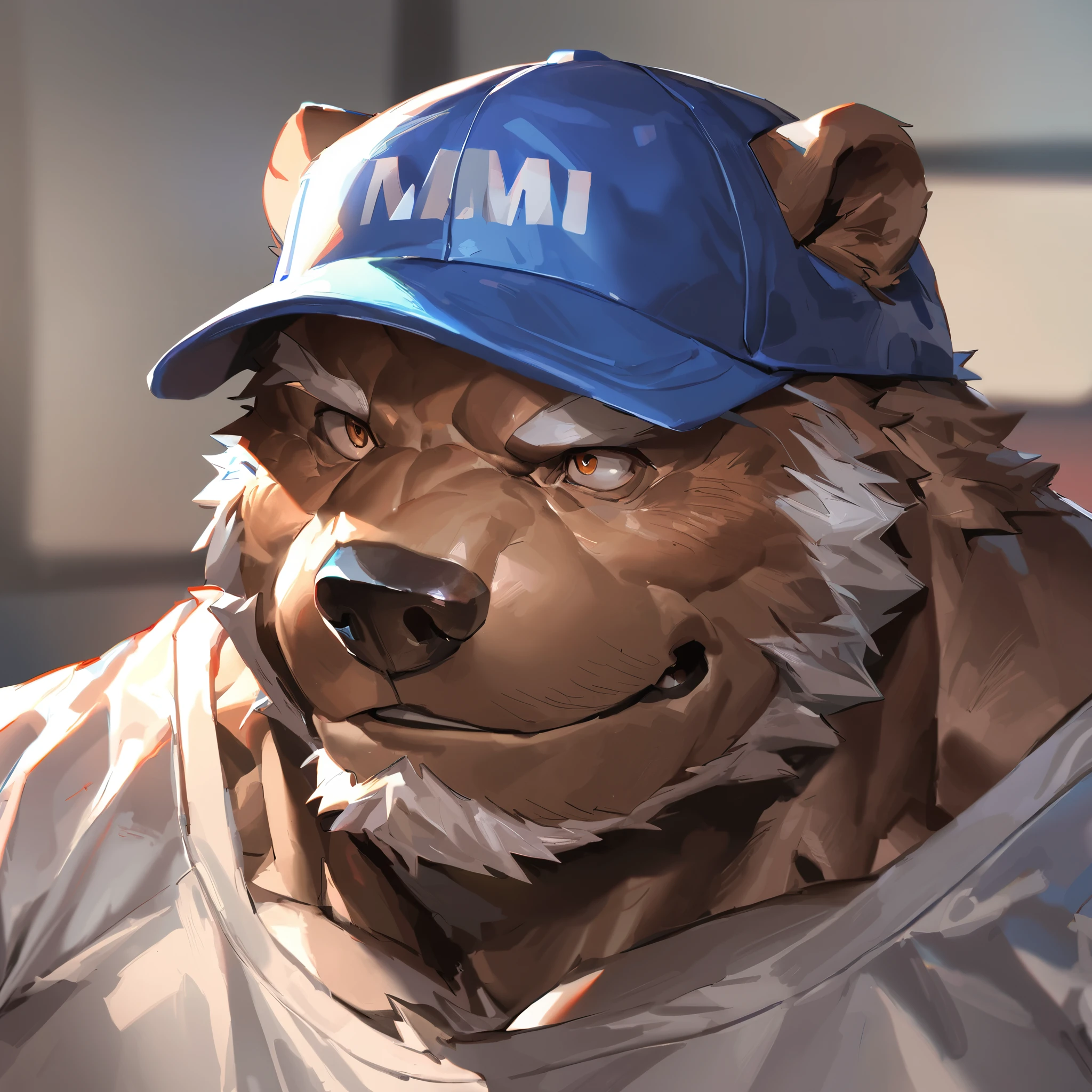 by_lindong, digital art, masterpiece, solo, 1boy, 1man, portrait, face shoot, Huge muscular, furry brown bear, face, baseball cap, shirt, head shot, detailed ,detailed muscle, background, old, old man