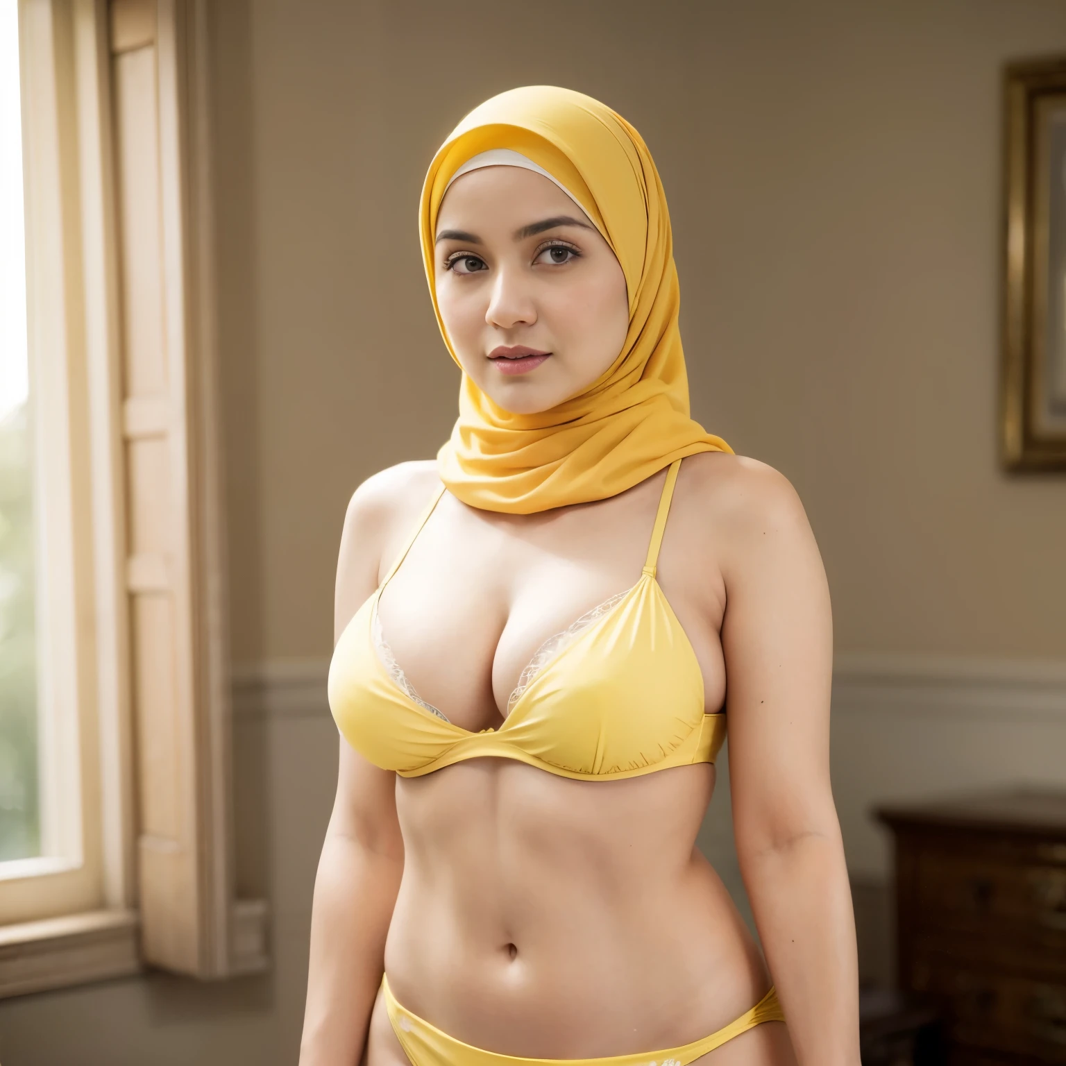 A woman with yellow hijab, Realistic, Photorealistic, 8K, Masterpiece, Best Quality, High Definition, Live Action, RAW Photo, Single Woman, Beautiful Body, Big, Cleavage, Sexy, (( yellow bra and panties Swimsuit)), Married Woman,  cowboy shot 