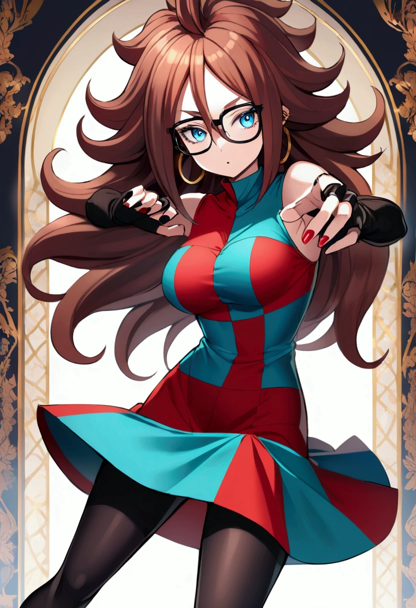 ((1girl)),((alone)), android 21, \(dragon ball \),(masterpiece), (best quality), (ultra detailed), (best illustration), (best shadow), (absurdities) , sharp focus, cowboy shot, atmospheric perspective, depth of field, dynamic posture, ((looking at viewer)), medium breasts, narrow waist, wide hips, medium thighs, round butt, erotic, romantic, (highly detailed eyes, lips 1.1), highly detailed eyes, eyes, Highly detailed face, Very beautiful face, Symmetrical face, Aesthetic face, perfect face, perfect eyes, detailed eyelashes: 1.5), full height, beautiful slim figure, femininity, expressive appearance, elastic medium breasts, sexuality, half-open lips, ((light skin:1.3)), ((brown hair:1.3)), long hair, ((curly hair)), ((blue eyes)),((hoop earrings:1.3)),((black glasses:1.4)),((two-tone dress:1.4)),(( plaid dress: 1 e)), ((turquoise green and red dress:1.4)),lab coat, ((white coat:1.3)),((open coat:1.2)),long sleeves, ((pantyhose black:1.4)), inside, position, jean, shot, smile, curves, defined body, perfect and beautiful body, perfect and beautiful, stoic expression, closed mouth, ((serious expression)), blushing, (sexy pose: 1.2 ), ((solo)), standing: 1.3,((interior, laboratory, table, robotic parts, table, window, sunset)), Looking forward ,((focus on the hips:1.4)), point of view:(from below), perfect anatomy, perfect hands