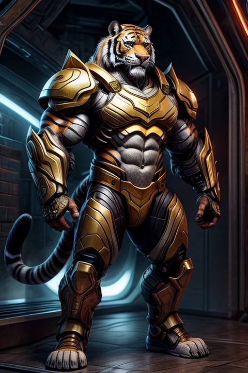 Zeraora's giant robot. (masterpiece, best quality, detailed:1.2) (Pokémon) Powered exoskeleton with the same design as Zeraora big muscle, GIANT, pecs, triceps, traps, waist narrow. bulge in the crotch,  with huge golden laser sword, body full of huge muscles. also have a cloak on my back. The cloak is so long that it touches the ground, showing off muscles, mechs, Correct limbs, detailed full body, Very muscular, Large pecs, Heavyweight, Bodybuilder figure, Wearing cyberpunk mecha, big bump, sparkling skin, Vibrant colors, 4K, realism, Don't stray too far from Zeraora's design, Furry Heroes, Main is yellow COLOR, have big wings.