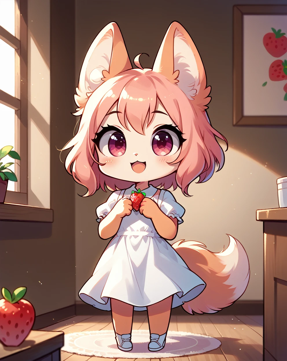 score_9, score_8_up, score_7_up, score_6_up, score_5_up, score_4_up, little fox,  girlfox, sakura fur, face similar to Diane Foxington, kid, with hair, pink hair, short hair, pink eyes, cute kid, alone, white dress, dress with strawberry pattern, open mounth, happy, indoors, chibi, alone