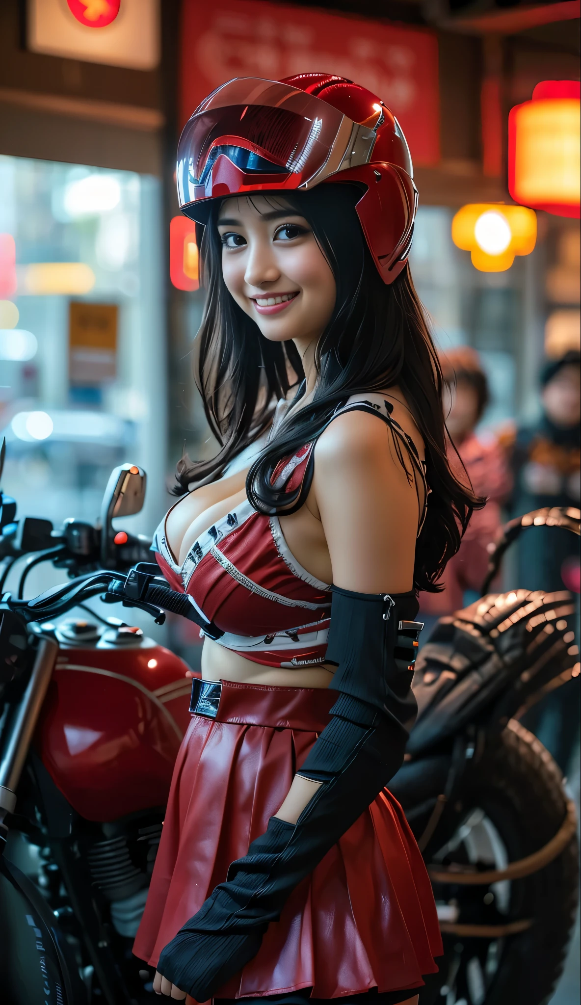 （8k、Raw photography、Best Quality、masterpiece：1.2),(Black Hair、Dark Eyes:1.9),(Plug Suit:1.7)、View your audience,Front View,White skin,(Red Ranger、Bike:1.4)、(Tight waist:1.6)、(Clothes that accentuate the shape of the breasts:1.4)、(Big Breasts :1.6)、Slim figure、Ultra-high resolution,beautiful,beautiful fece,(One person、No background:1.9),whole bodyボディー,Japanese women,（reality的：1.37）、Photon Mapping,reality、(Baby-faced and cute: 1.4)、(Cute Smile: 1.8)、(Round face: 1.8)、Radio City、Physically Based Rendering、Depth of field rally background、photograph, (:1.8),（:1.6）,whole body、Great quality