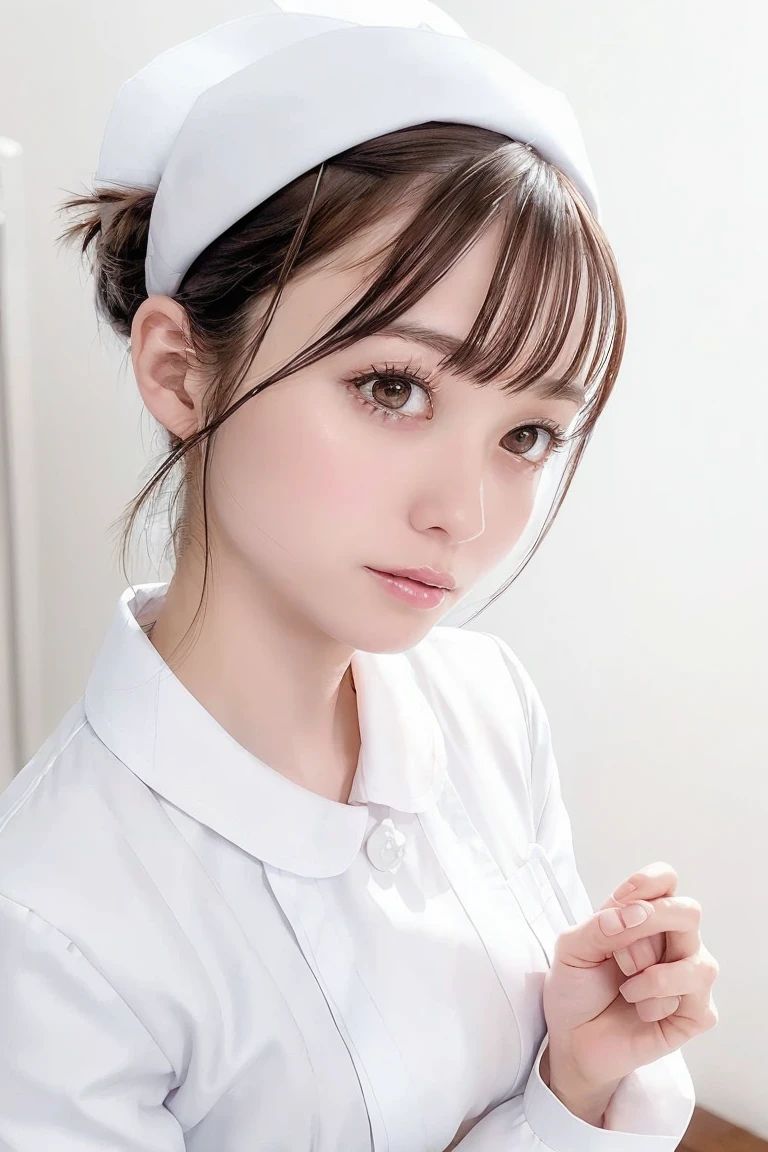 woman, Alone, (Wearing white nurse clothes:1.2), Upstyle, ponytail, Light Brown Eyes, nurse, Perfect Anatomy, nurse uniform, ((Nurse cap)), ((White Costume)), Long skirt, hospital, (close-up), Face close-up, cute