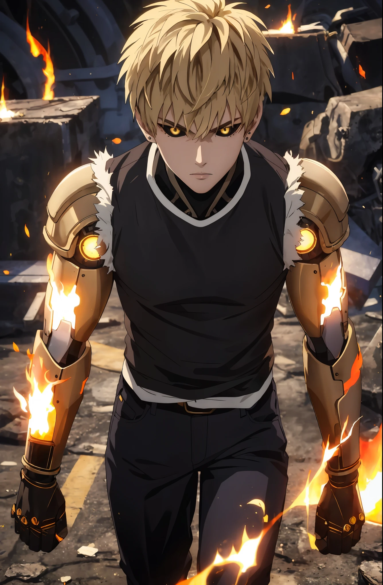 "(masterpiece, best quality: 1.4), colorful portrait, high contrast, genos black shirt, sleeveless, black pants, mechanical arms, bright, bright eyes, bright hands, flame everywhere, front view, long rang, wide range shot."