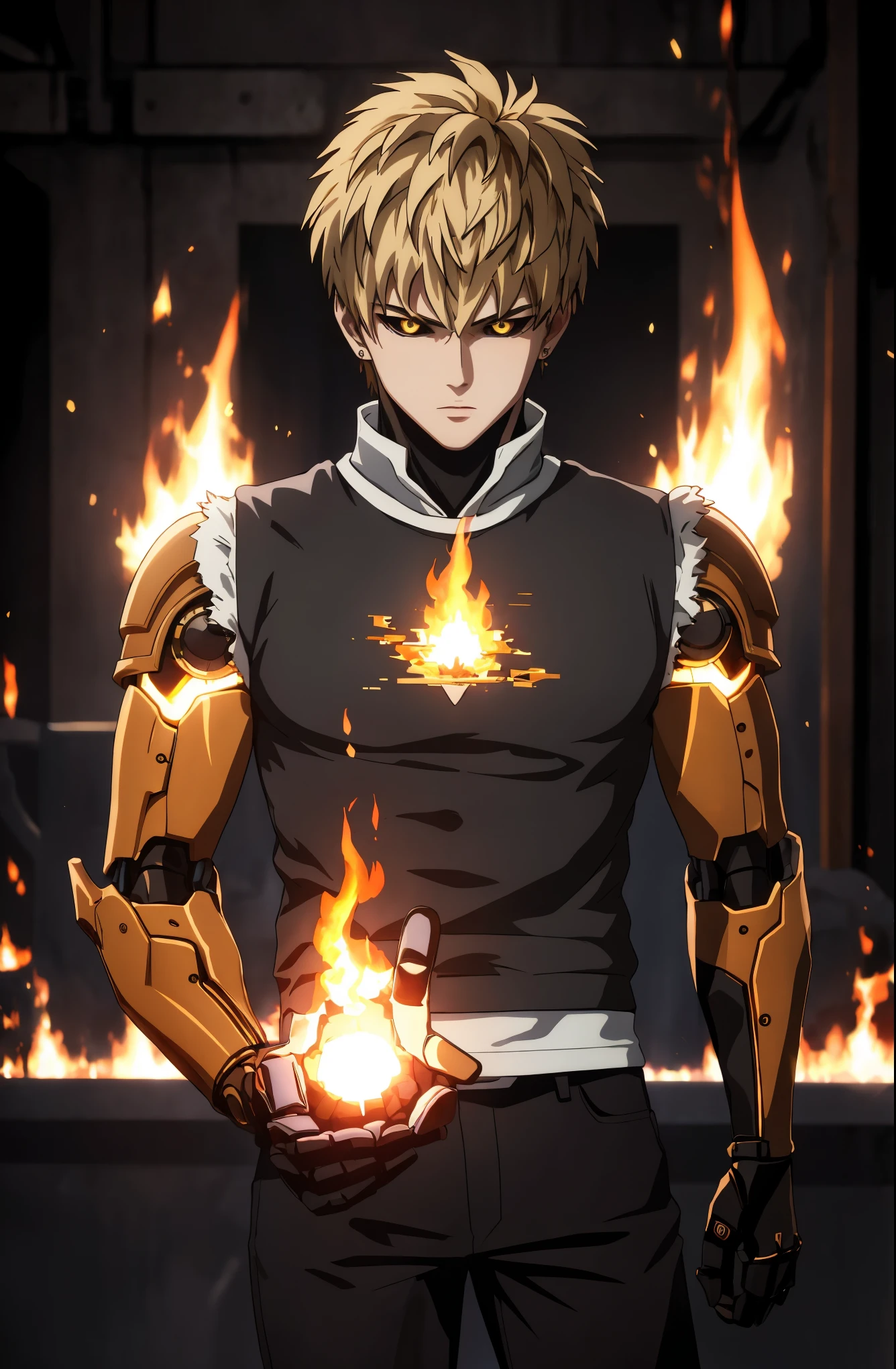 "(masterpiece, best quality: 1.4), colorful portrait, high contrast, genos black shirt, sleeveless, black pants, mechanical arms, bright, bright eyes, bright hands, flame everywhere, front view, long rang, wide range shot."