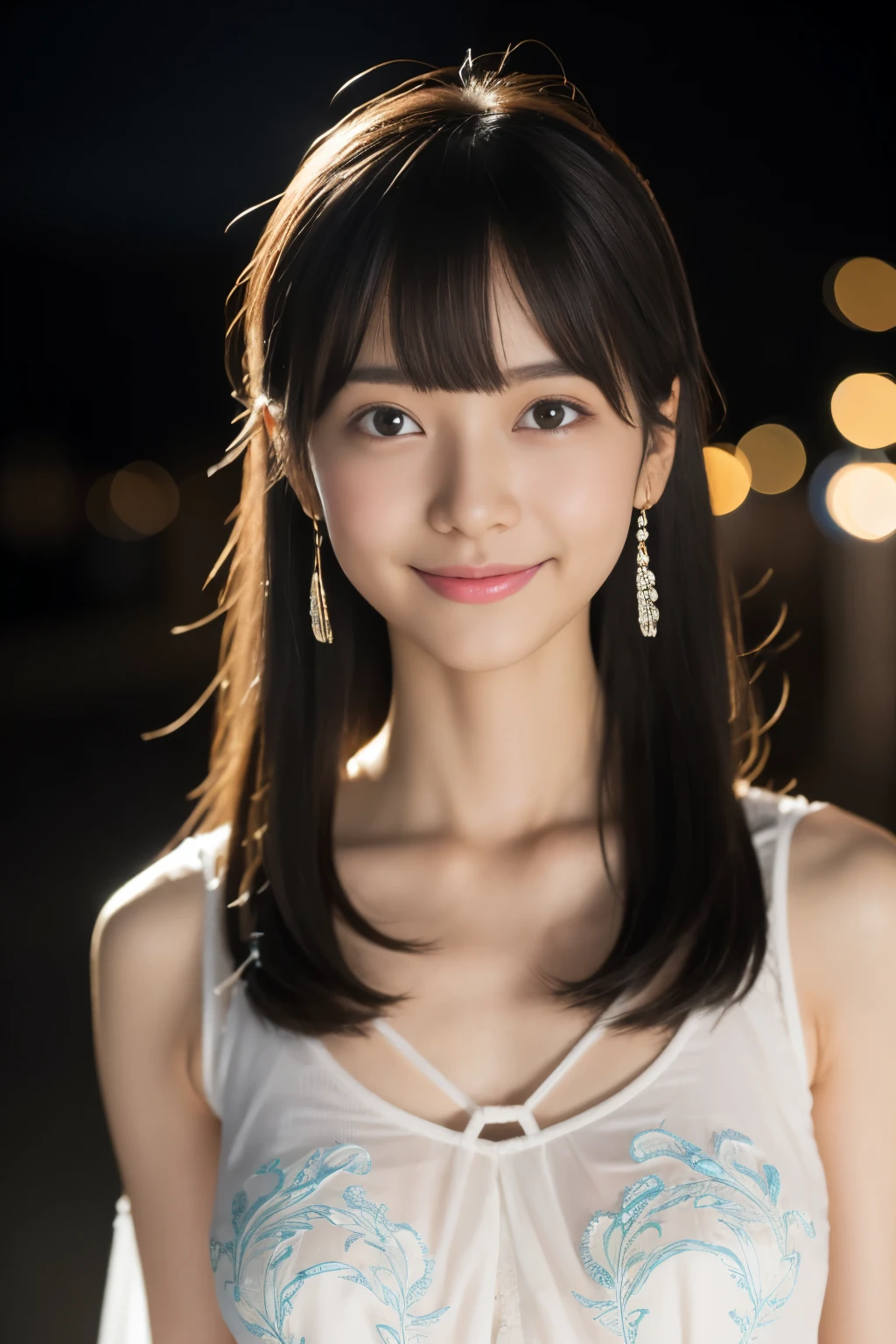 Shiny skin、Slender body、Good style、Black Hair、Hair Collection、(bangs:1.2)、Laughter、cute、young、cute faces、A vivid face、Beautiful eyes、Order the sauce、Exquisite embroidery、Earrings、(Hair accessories:1.2)、eye、Cowboy Shot、Frontage、Athletic pose、、Outside the house、(night:1.4)、Japanese Style、Dynamic Lighting、masterpiece最high quality, 8k, Absurd, (Upper Body:1.4), beautiful girl, Beautiful face viewer, smile, (Very slim:1.4), thin太もも, Knee、Bust photo, Beautiful woman, Disheveled Hair, Girly, Symmetrical bun, Hair Accessories, jewelry, Delicate face, Eyeshadow, Delicate Cyan Top, Crop top, Open button, Dunhuang style, Lots of streamers, Cyan Streamer, Delicate skin, soft light effects, Fine and smooth hair, Subtle details, eyeのハイライト, White skin, Amazing depiction, Extreme Detail, Cinematic Quality, thin, thin, Broken, Hair Details, thin bangs, shawl hair, Correct body, shadow, Air Van, 8k, Super Fine, High-quality fabric, soft, Supple, Smooth texture, Dunhuang style, Delicate pattern, Correct hand-drawn picture, smile, tsurime, Surrealism, Ray Tracing, 超High resolution, High detail, Super detailed, High resolution, 8k, high quality, High detail, Textured skin, Accurate