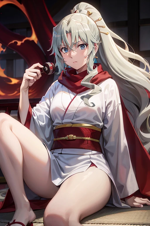 ((Red eyes)),,Crimson Eyes,Alone,Tomoe, light blue, hair, long hair, ponytail, Japanese clothing, kimono, red scarf, hair between the eyes,Laceration,Sitting on a big spider,A seductive gaze