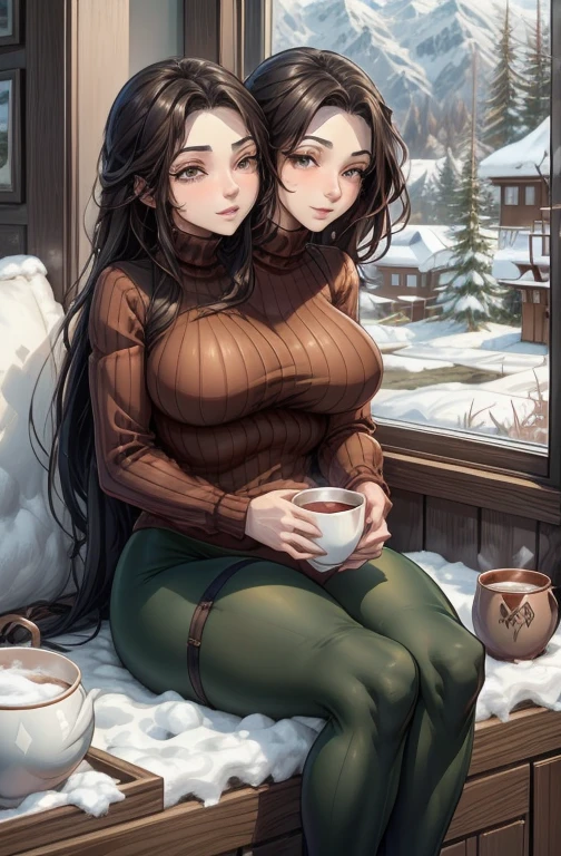 bodies have merged and become a two-headed, four-armed, four-legged, Two iranian women dsnce in a conjoined Green, white, and red turtleneck sweater over tights to create a two-headed woman illusion, OC enjoying a hot drink like cocoa or tea while looking out at the snowy landscape from a window seat.

