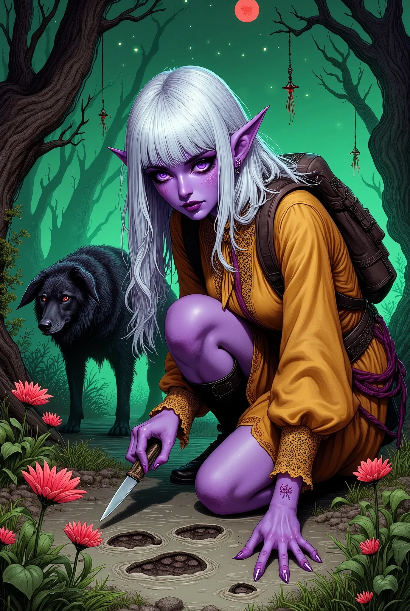 (Ultra-detailed face, Looking away, Fantasy Illustration with Gothic, Dark tone colors, Perspective looking down from above), BREAK 
(The dark elf woman, in a bold pose, crouches down in the swamp, poking at the ground with the tip of the dagger in her hand, looking at the large footprints with the monster's watermarks on the ground, examining them with her wolfdog partner. The wolfdog sniffs the footprints.), BREAK 
(A young-aged dark elf woman with pure white hair and eyebrows, blunt bangs, very long disheveled hair, small pink lips, dark-purple color skin, lavender pupils, thick dark eyeliner around her eyes.), BREAK 
(A dark elf woman wears a translucent lace veil and a thin orange lace tie. She wears a short lace-up dress of deep yellow embroidered with runes and draped silk with multiple layers of sheer organza. She wears lace-up sandals made of thin woven crimson fabric. She carries a small bag on her back. A knife is attached to her waist belt.), BREAK 
(A small red moon and twinkling stars illuminate the area. This is an eerie swampy place, overcast with green gas rising from the swamp. Ghostly trees stand in places, and in some parts of the swamp you can see insectivorous flowers with mouths with glowing red fangs blooming.)