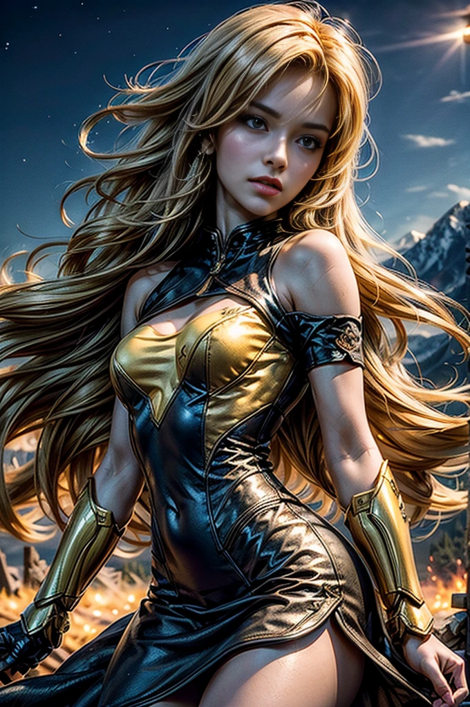 Young superhero, ite, nude body, naked young girl, costume torn to shreds, tiny perky breasts showing, exposed crotch, long wavy blonde hair, battle pose, public city