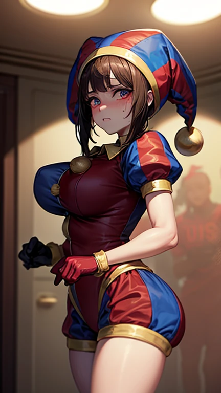 High quality masterpiece, (Unreal Engine), reality:1.8, Ultra-high resolution, Rich contrast, super high quality, 8k, High definition texture, Incredible absolute resolution, Advanced Settings, colorful, Clear images, Sharp focus, Digital Blending, (Hasselblad Photos, Dynamic Angle),

1 girl, pomni, The Amazing Digital Circus, Big Breasts, Jester Cap, gloves, Puff short sleeves, Red eyes and blue eyes, Striped, My clothes are sticky with sweat, Dynamic pose, 

indoor, in The Amazing Digital Circus, 